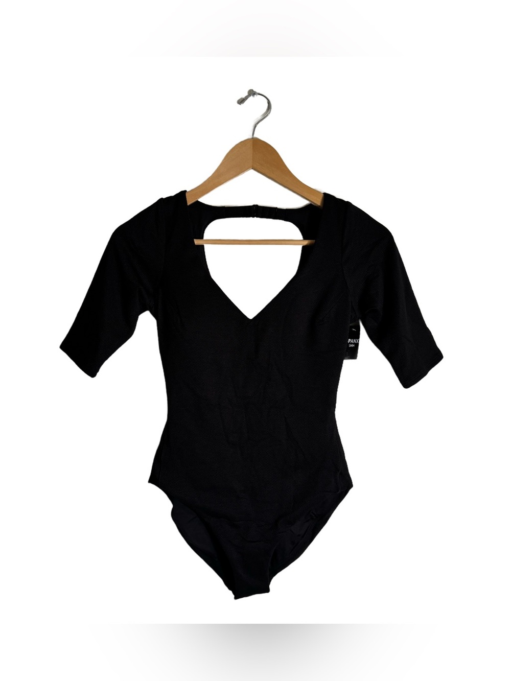 Spanx Pique Shaping Plunge Short Sleeve One Piece Swimsuit Very Black Sz S NWT - Picture 6 of 7